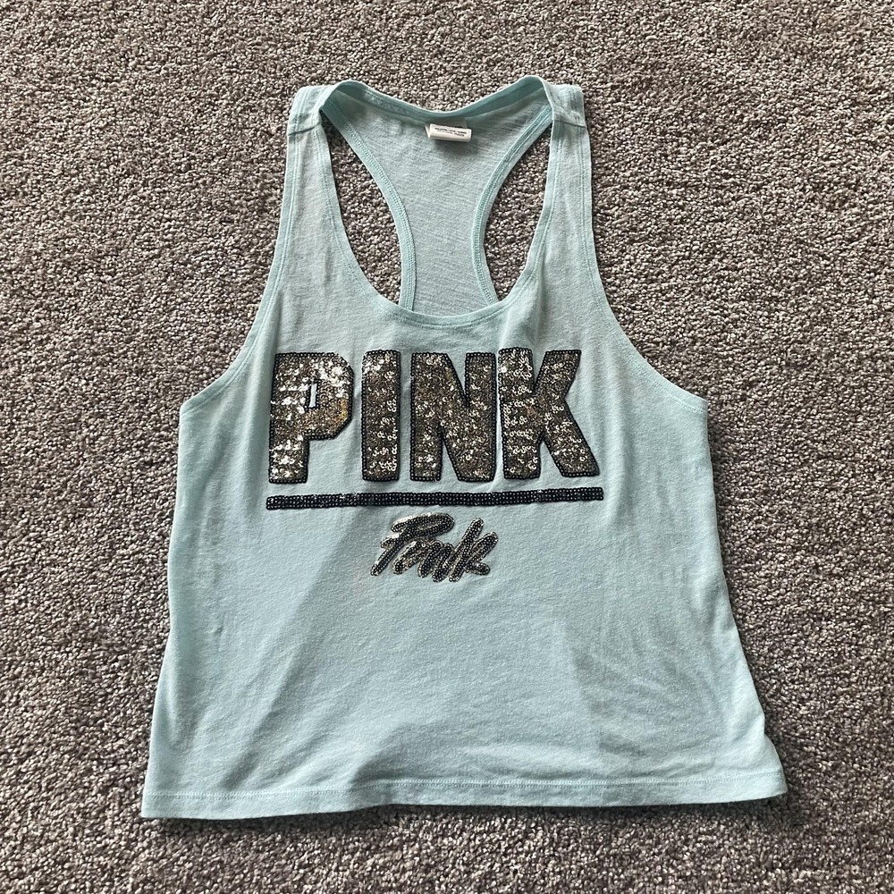 PINK Tank Top Womens S Blue Sequin Logo Racerback Cropped Summer Jersey Casual